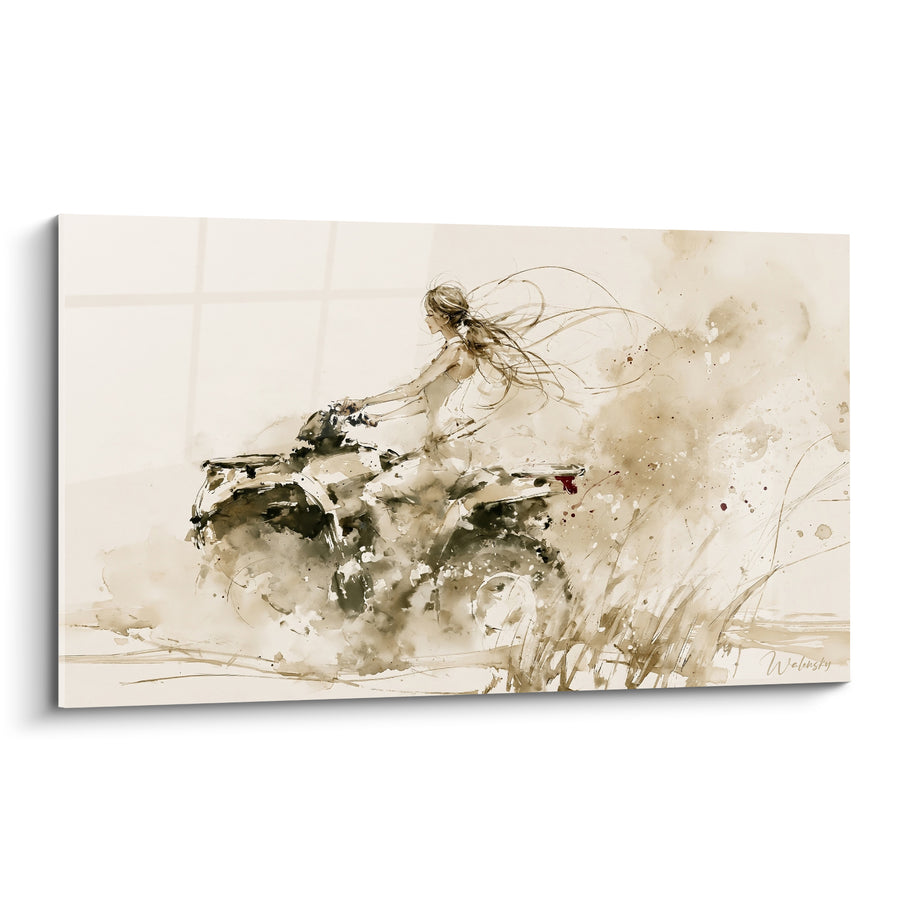 Tableau Cavalière brune et sépia cheveux dénoués - Herbes hautes éclaboussées - Edition Quad