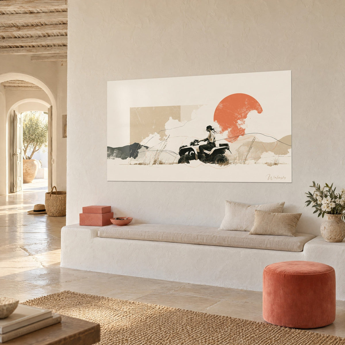 Wall art motorcyclist on a quad in front of a terracotta disc and white clouds in beige and cream, hung on a lime-washed wall, three-quarter view
