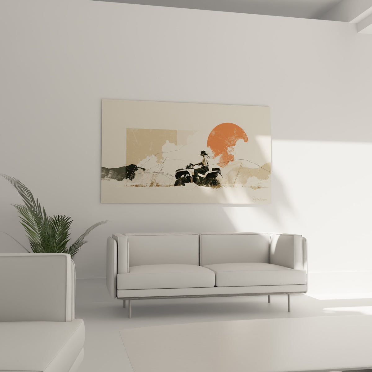 Cavalier de quad beige sable et terracotta accroché au-dessus d'un canapé dans un salon lumineux