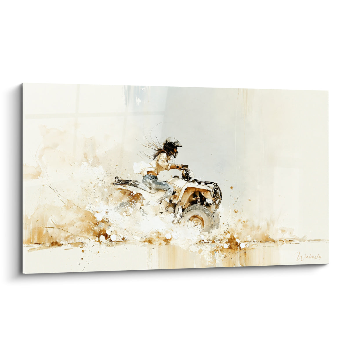 Pilote de quad casqué en action, tons beige et ocre, gerbe de terre projetée sous les roues