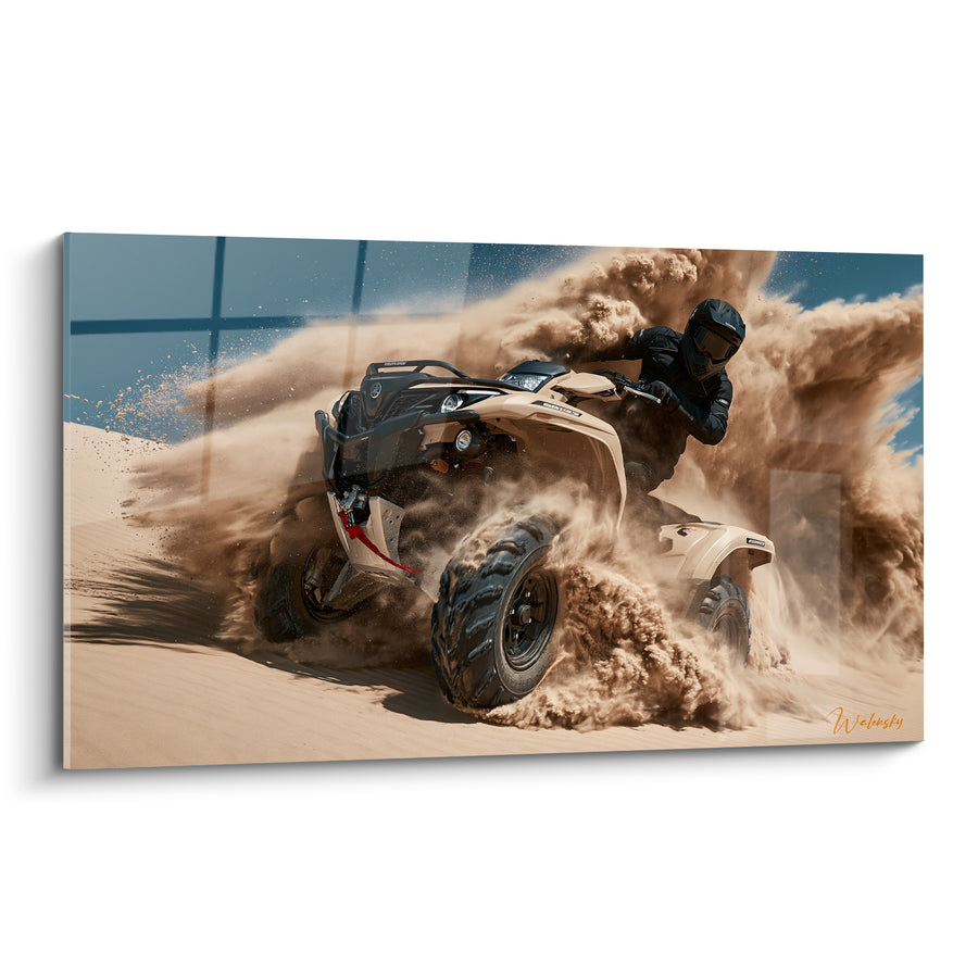 Tableau Quad beige et noir soulevant un tourbillon de sable - Ciel bleu limpide - Edition Quad