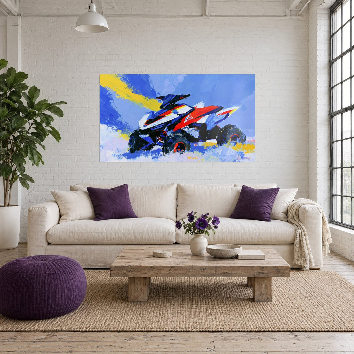 Wall art white and red quad in palette-knife painting, cobalt blue sky and yellow stroke, above a sofa in a bright living room