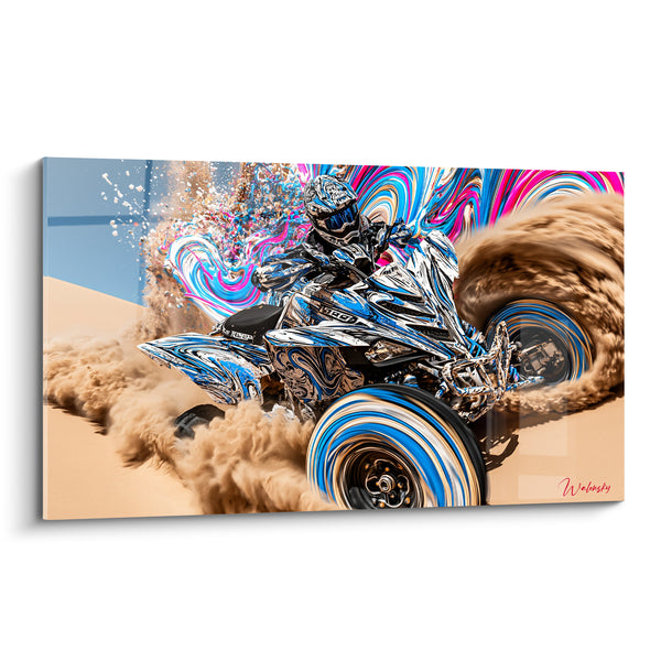 Tableau Pilote bleu et blanc dans le sable - Envol dans les dunes - Edition Quad