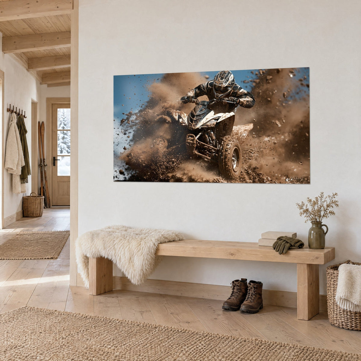 Wall art camouflage-suited rider charging through a cloud of ochre earth under a blue sky, white wall of a hallway in light wood