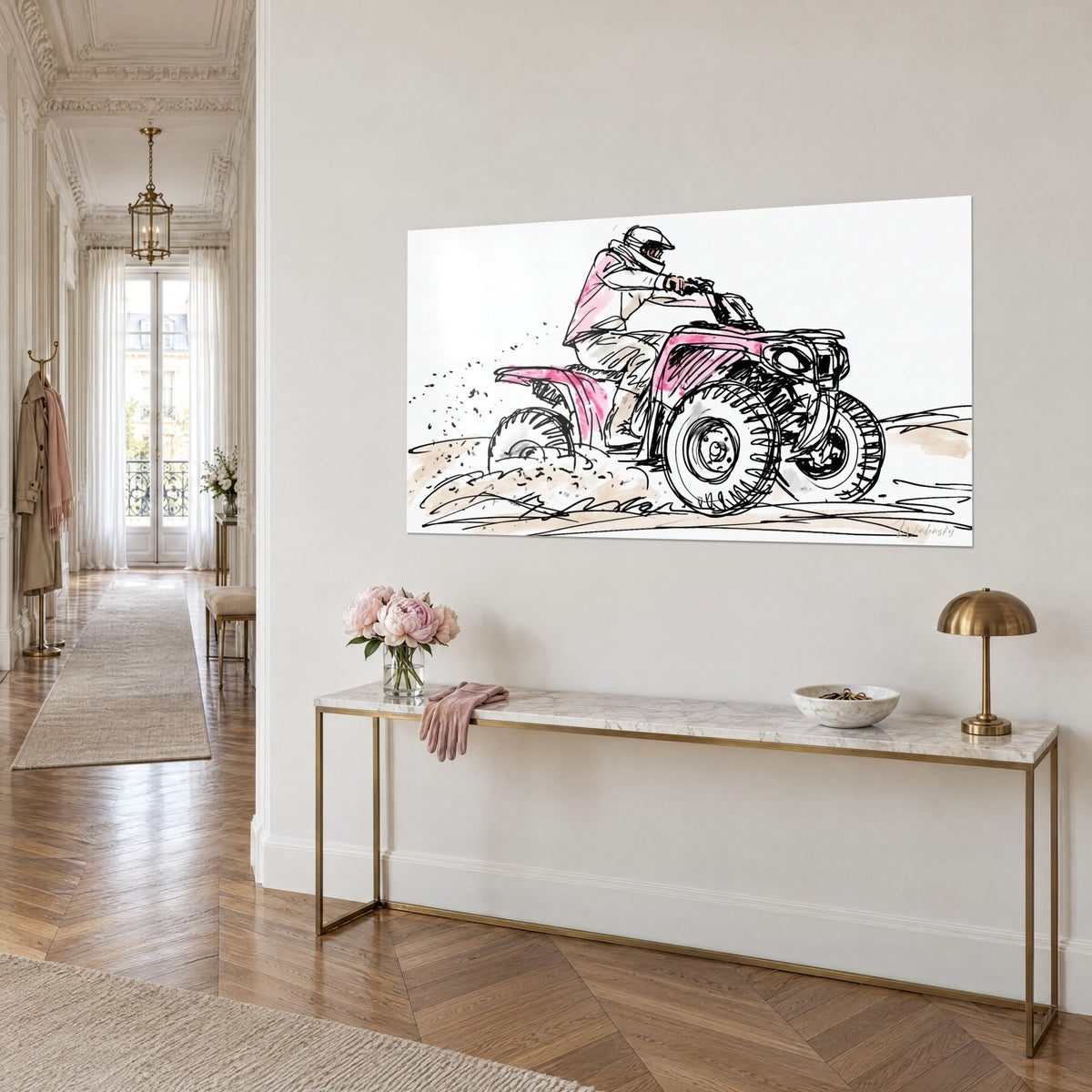 Wall art of a motorcycle rider on an off-road vehicle, bright pink fairing, chunky knobbly tyres, white background and beige sand, three-quarter view in Haussmann style
