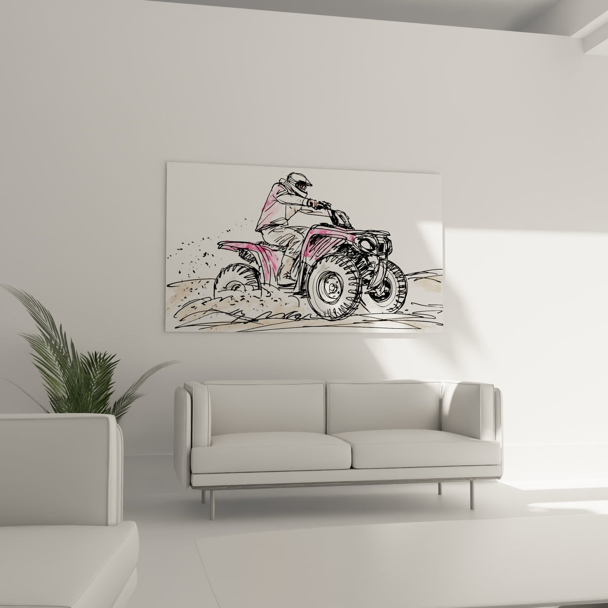 Casque blanc et carrosserie rose du quad, suspendu au-dessus d'un canapé dans un salon lumineux