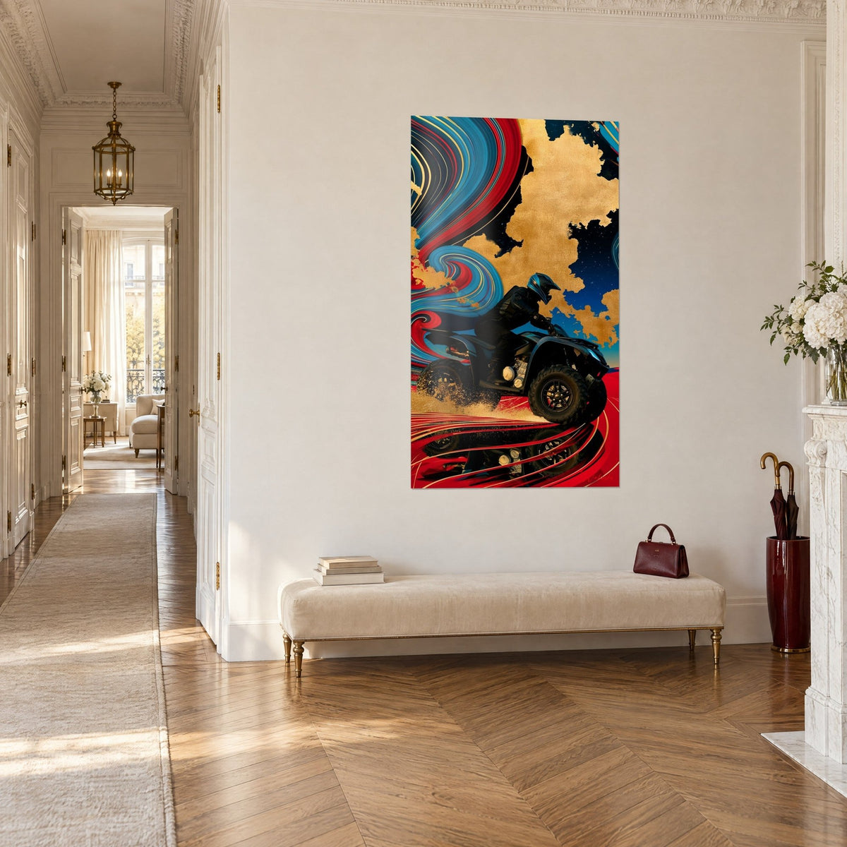 Wall art pilot in a black suit on his quad bike, golden clouds and midnight blue sky, hung at the end of a Haussmann-style hallway