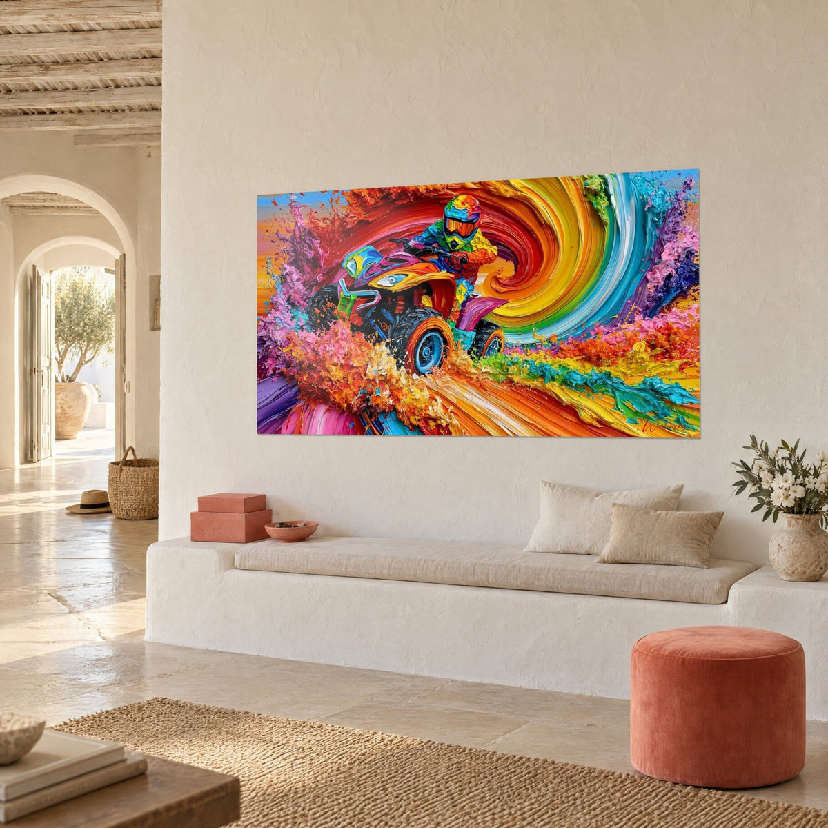 Tableau engin tout-terrain lancé dans une spirale de peinture rouge et jaune, vu de trois-quarts sur un mur crème d'une maison méditerranéenne