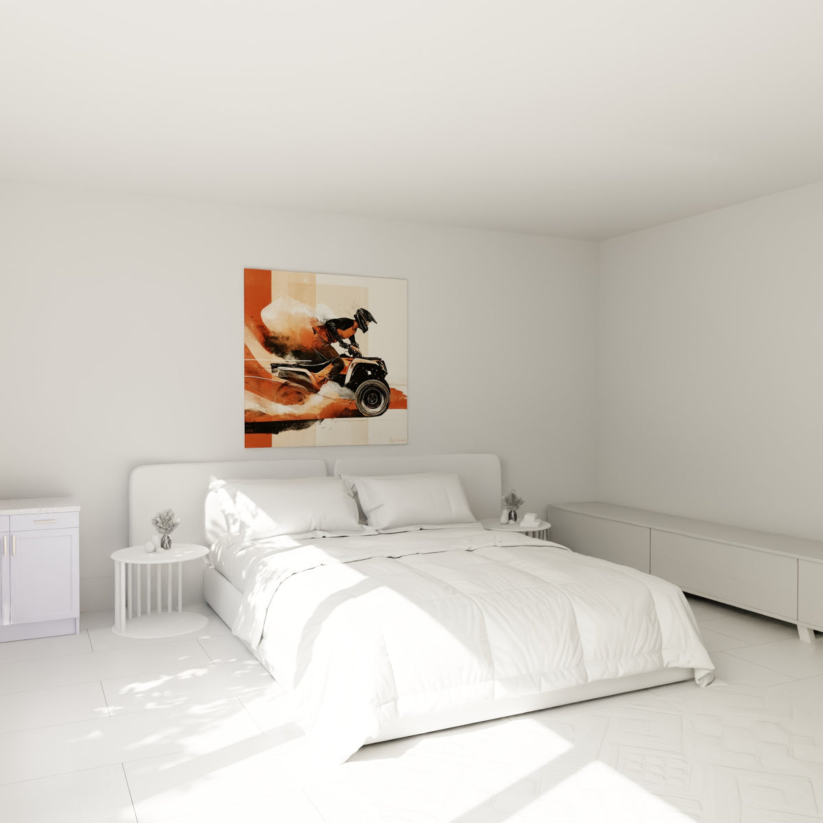 Quad terracotta et anthracite en pleine accélération, accroché au-dessus d'un lit dans une chambre claire