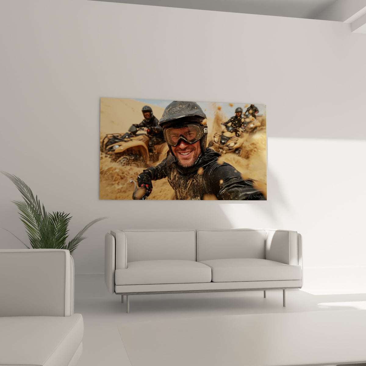 Pilote de quad au visage maculé de boue anthracite et ocre, accroché au-dessus d'un canapé dans un salon lumineux