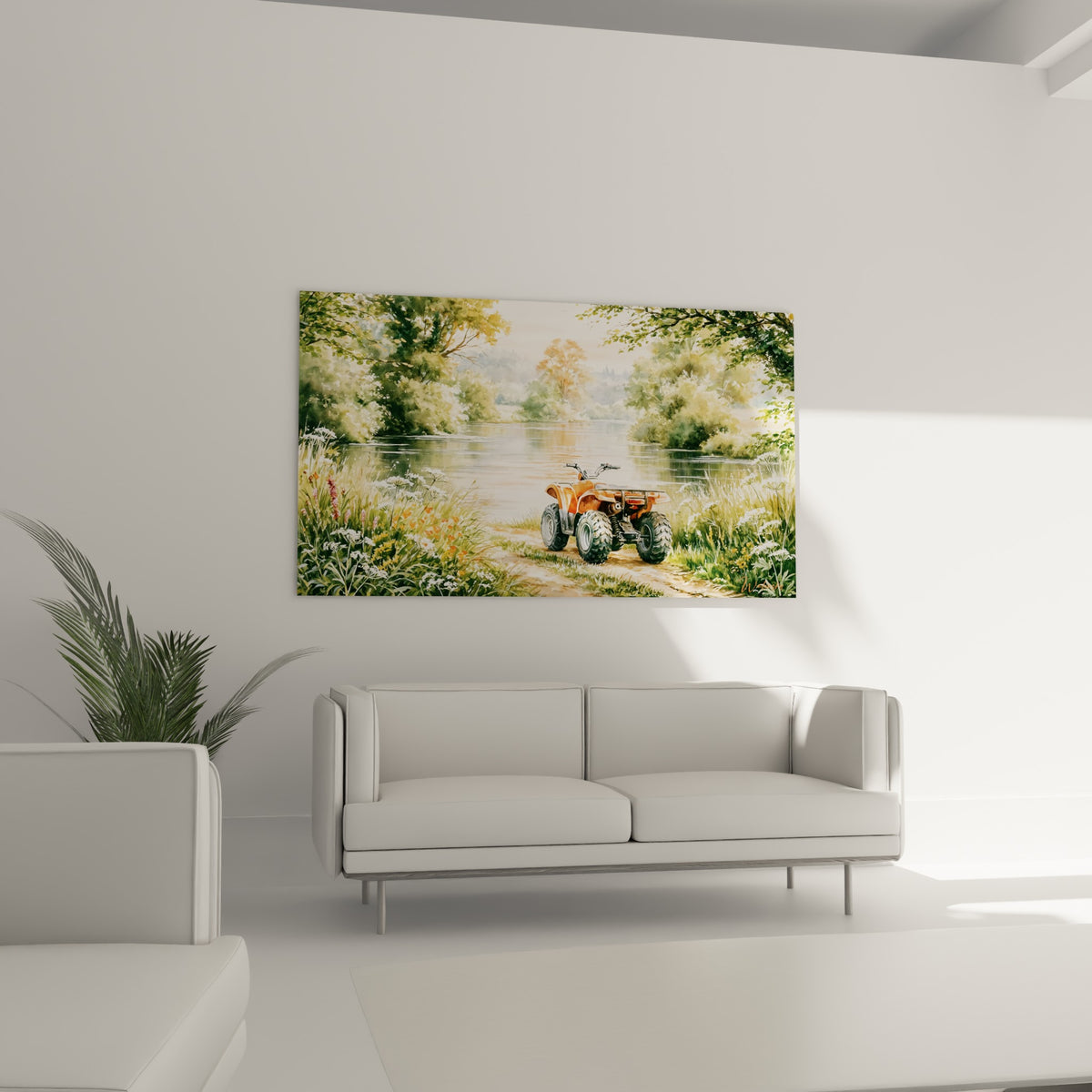 Véhicule tout-terrain orange et vert posé près d'une rivière, au-dessus d'un canapé dans un salon lumineux