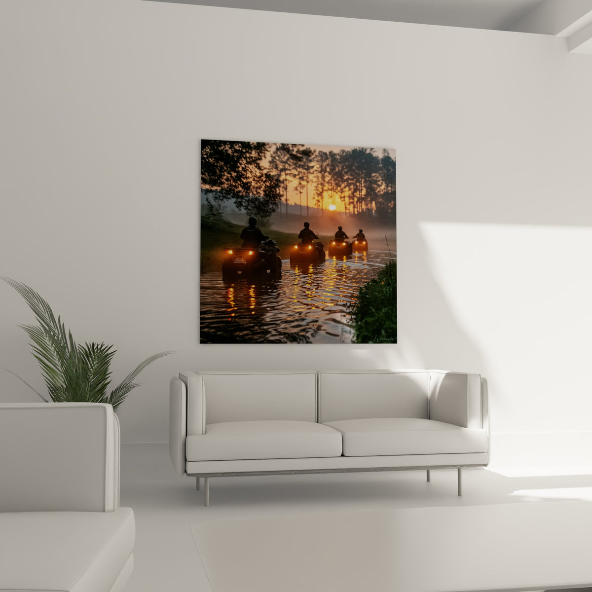 Convoi de quads illuminés traversant une rivière au coucher du soleil, au-dessus d'un canapé dans un salon lumineux