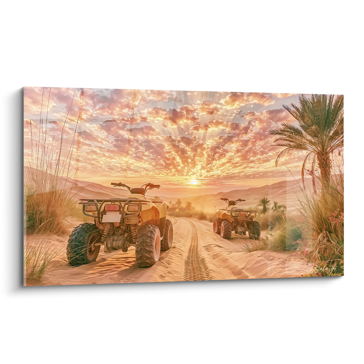 Quads dorés alignés sur une piste sablonneuse, ciel rose et orangé au coucher du soleil