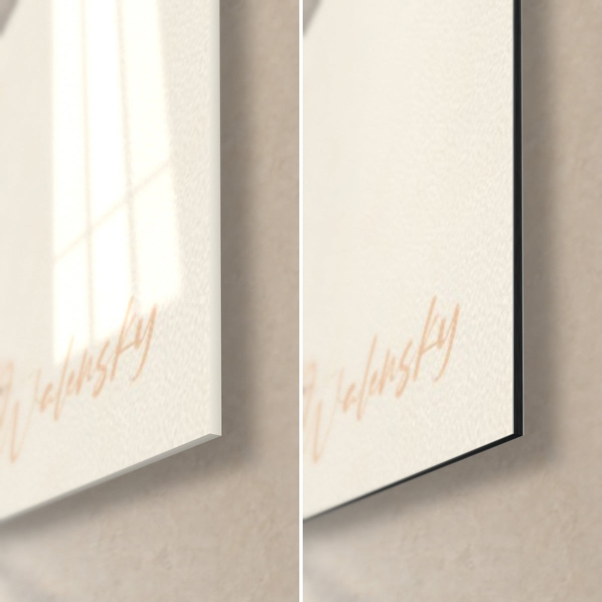 Wall art of a black and terracotta quad rider, bottom right corner: glossy acrylic glass on the left, matte Dibond on the right