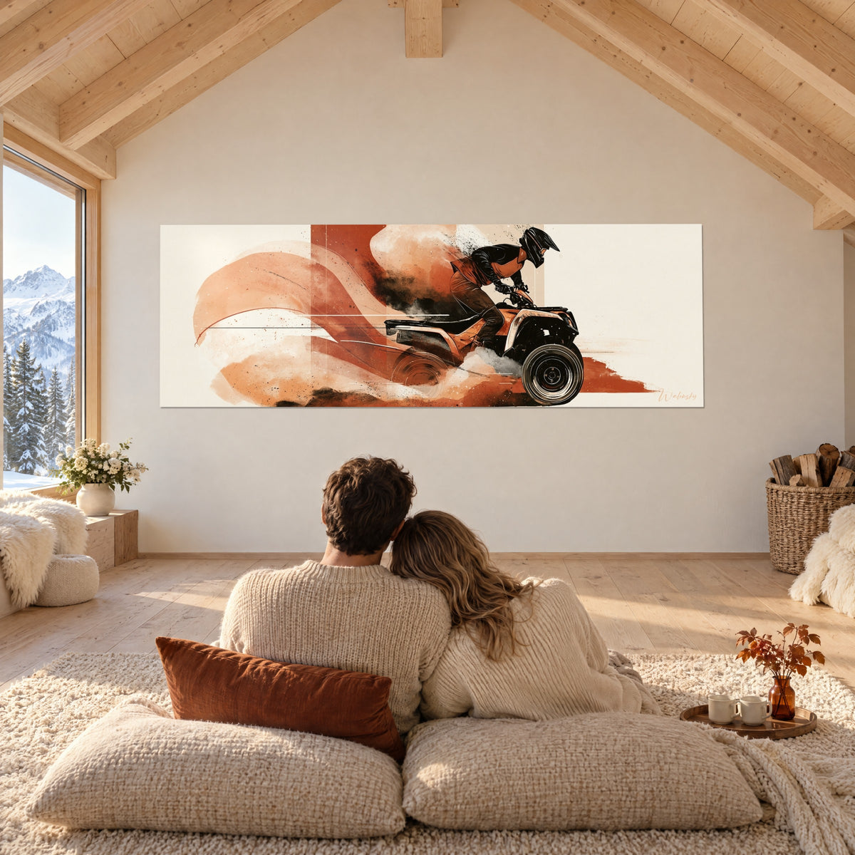 Wall art of a four-wheeled vehicle kicking up a sheaf of terracotta and sand, admired by a couple beneath the chalet beams