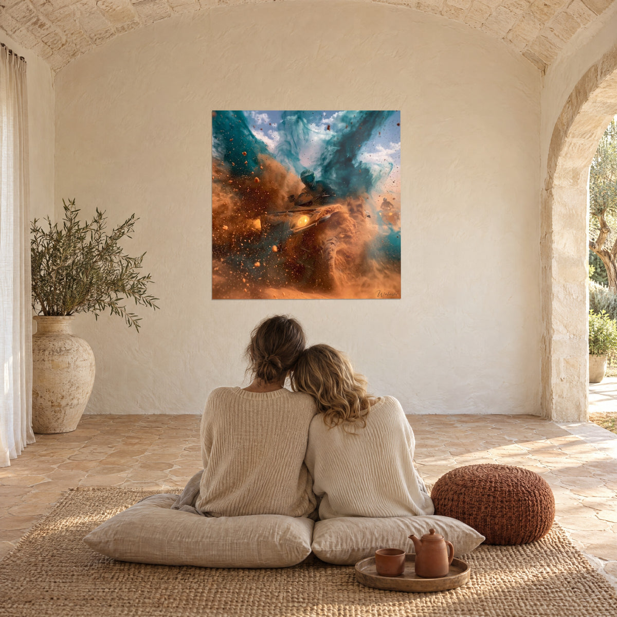 Wall art of a quad rider veiled by a haze of ochre dust and azure smoke, in front of a couple embracing on cushions
