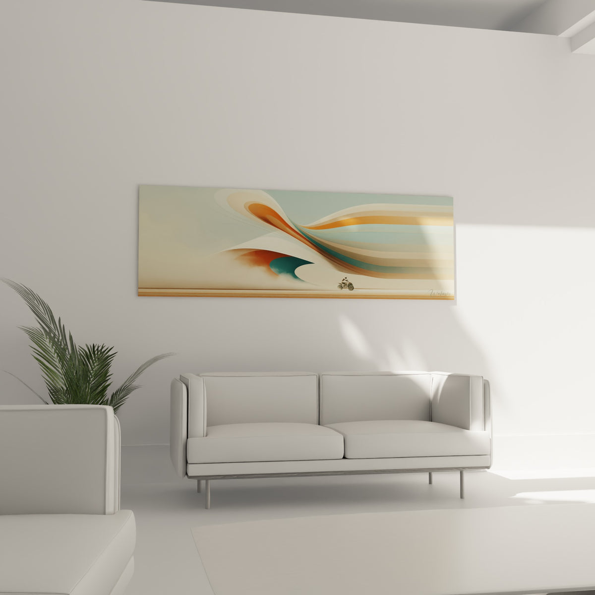 Silhouette du quad glissant sous des vagues sable et terracotta, au-dessus d'un canapé dans un salon lumineux