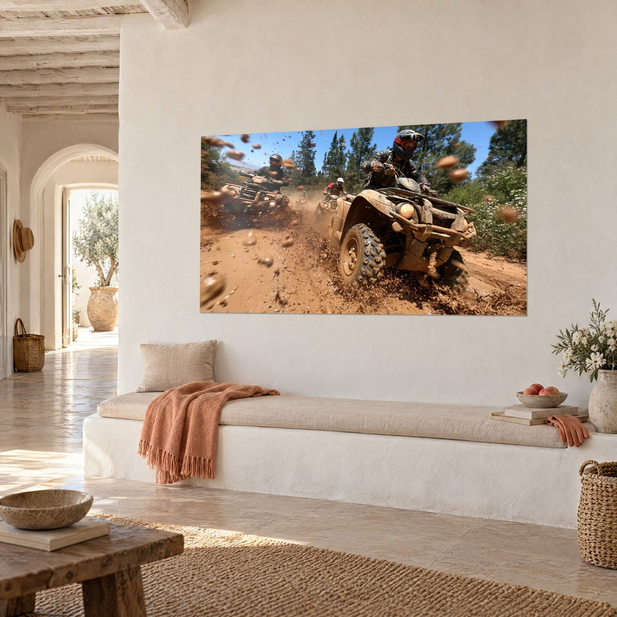 Wall art of helmeted riders in convoy on a russet track, vivid blue sky and flowering bushes, white wall of a Mediterranean house