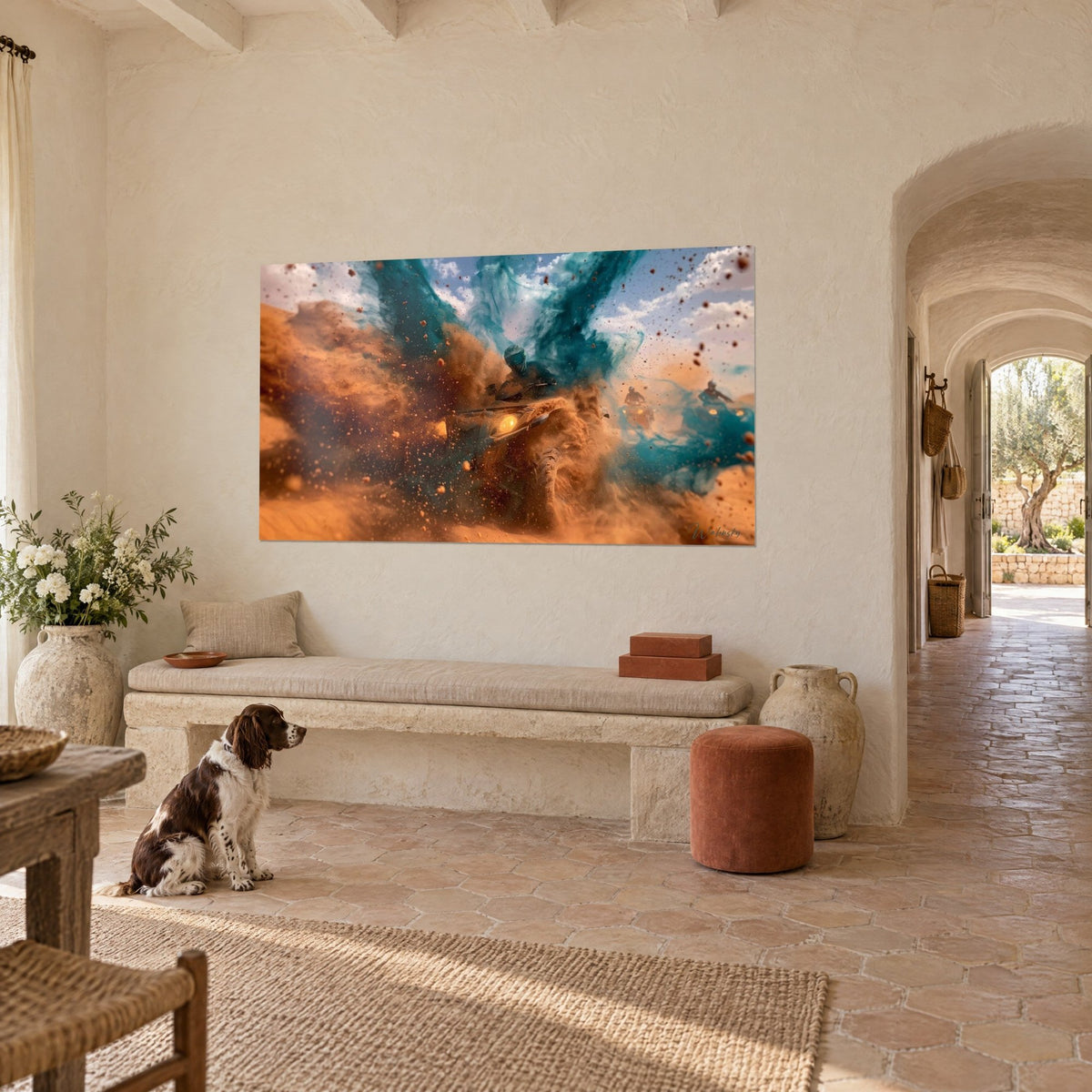 Wall art off-road vehicle launching through an orange and teal cloud, three-quarter view, facing a spaniel sitting on the tiles of the farmhouse