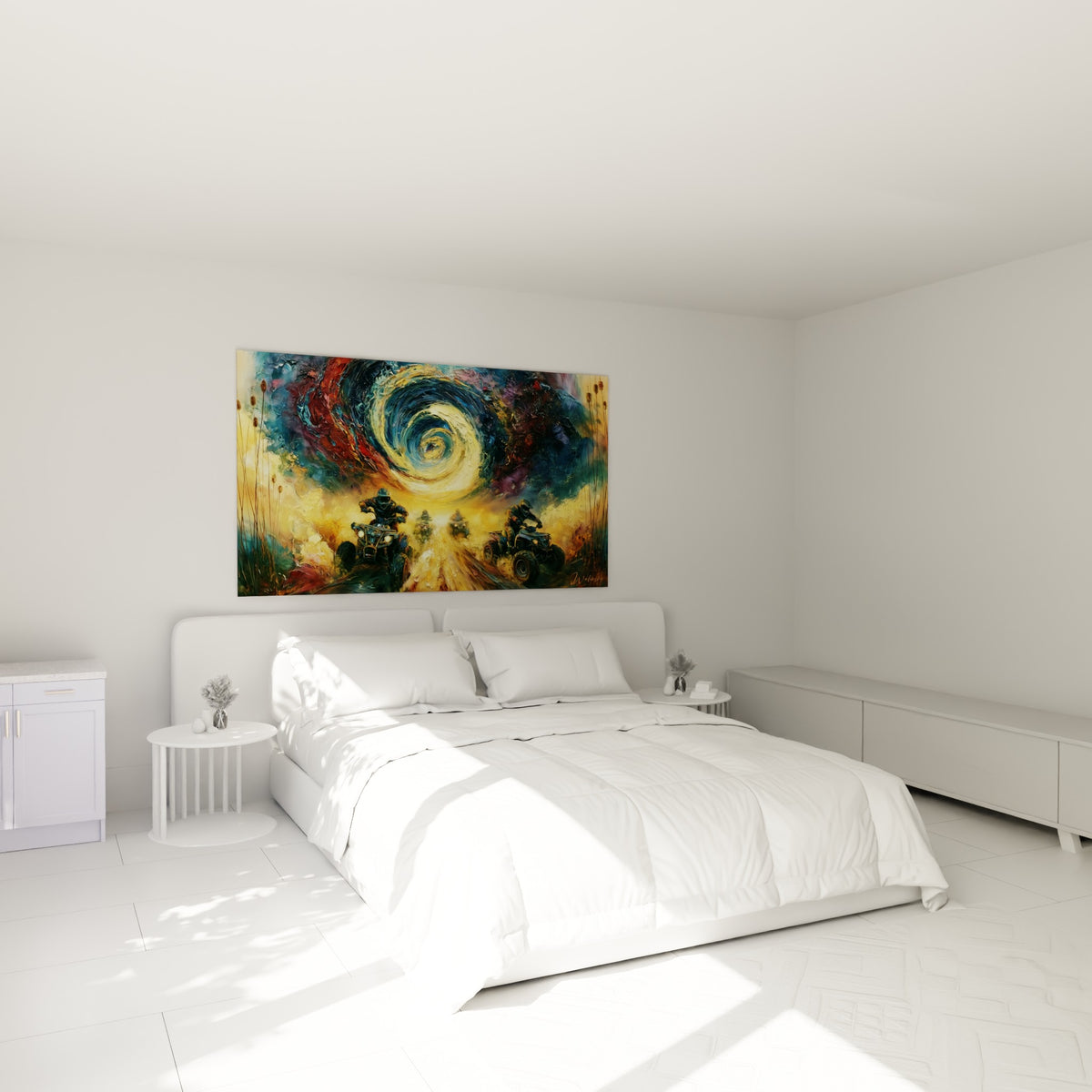 Course de quad dans une spirale ocre et anthracite, accrochée au-dessus d'un lit dans une chambre claire