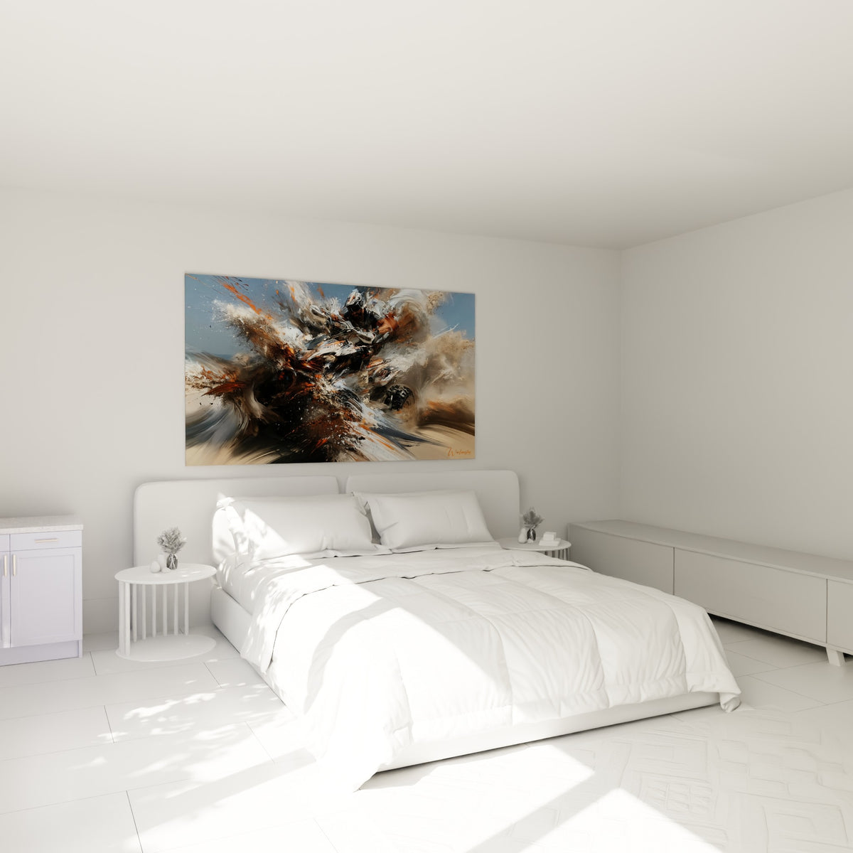 Course de quad aux tons orange et bleu ciel au-dessus d'un lit dans une chambre claire