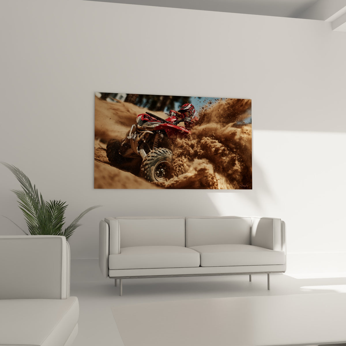 Course de quad rouge dans la poussière ocre et beige, au-dessus d'un canapé dans un salon lumineux