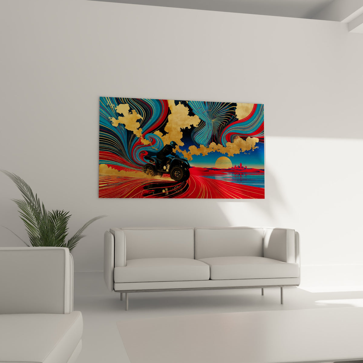 Course de quad aux couleurs rouge et bleu marine, disposée au-dessus d'un canapé dans un salon lumineux.