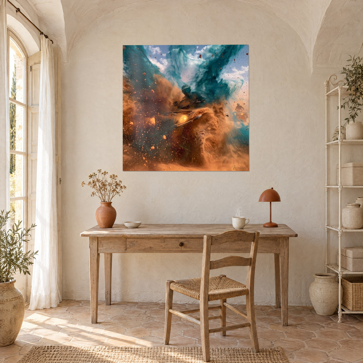 Wall art of a four-wheeled motorbike emerging from a storm of apricot sand and turquoise ink, on the wooden wall of an office