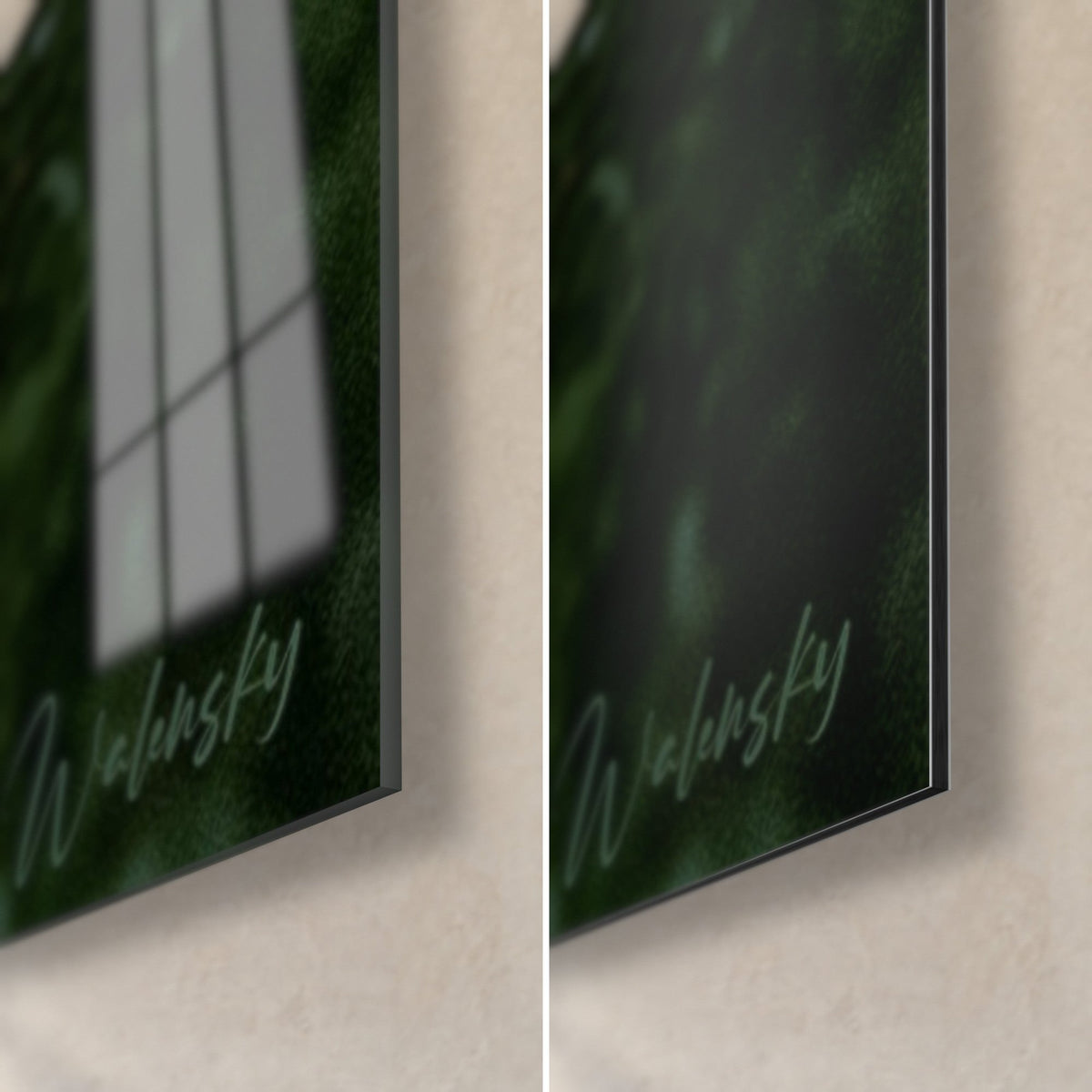 Wall art quads on a river at sunset, bottom right corner: glossy glass reflecting the window, matte dark green Dibond aluminum
