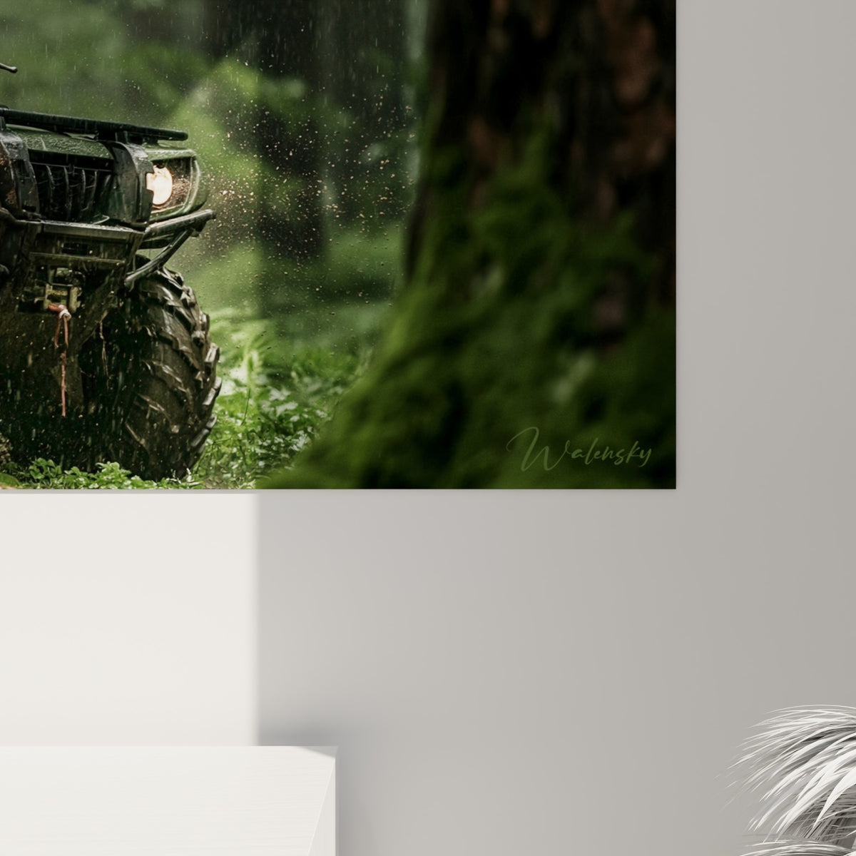 Détail de l'impression du quad vert olive, grain visible sur les gouttes de pluie et la boue projetée