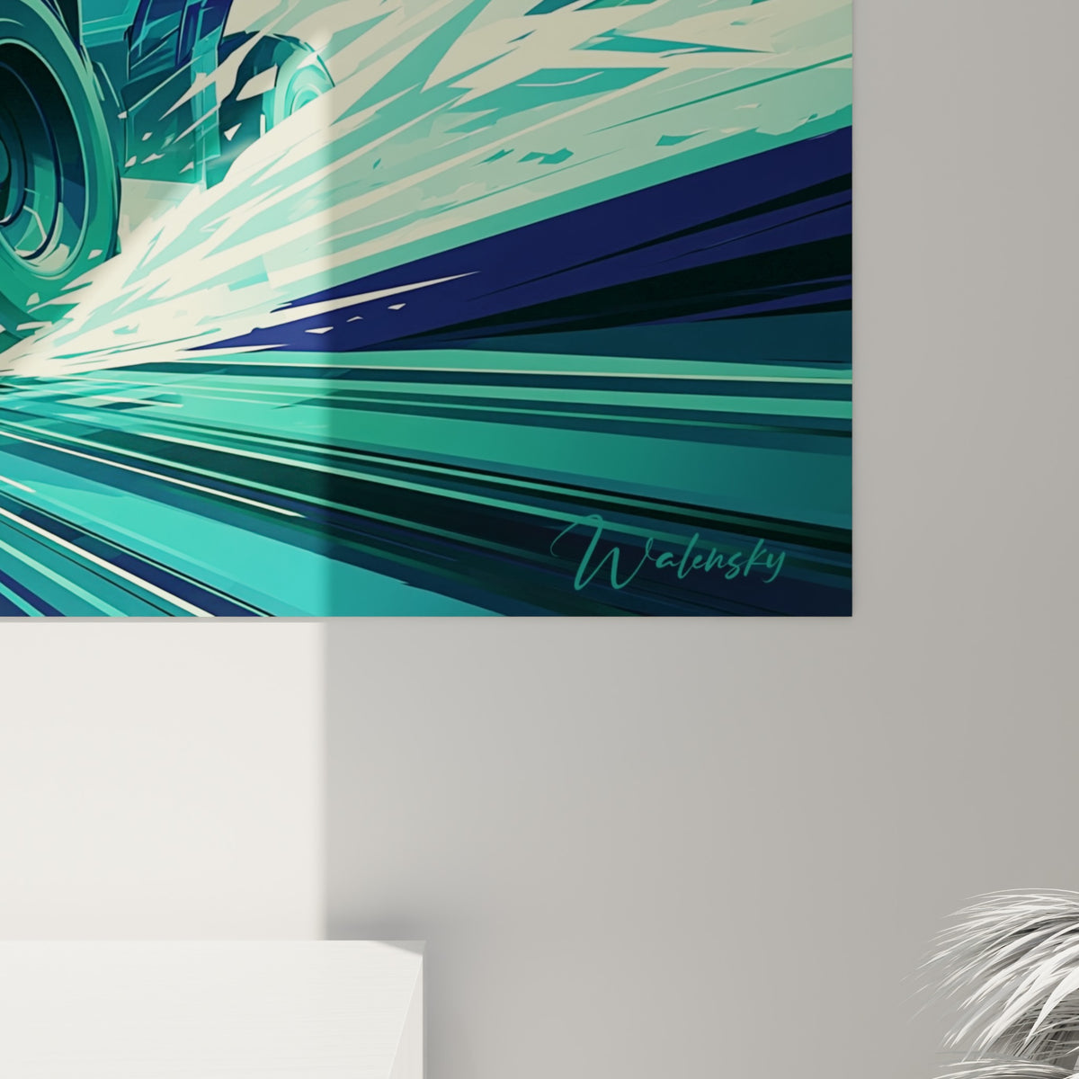 Détail des traits lumineux blanc cassé et des reflets turquoise sur la carrosserie du quad peint