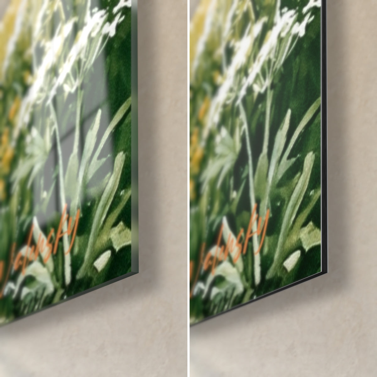 Wall art: orange off-road vehicle, soft green grass, bottom right corner: glossy acrylic glass on the left, matte Dibond on the right