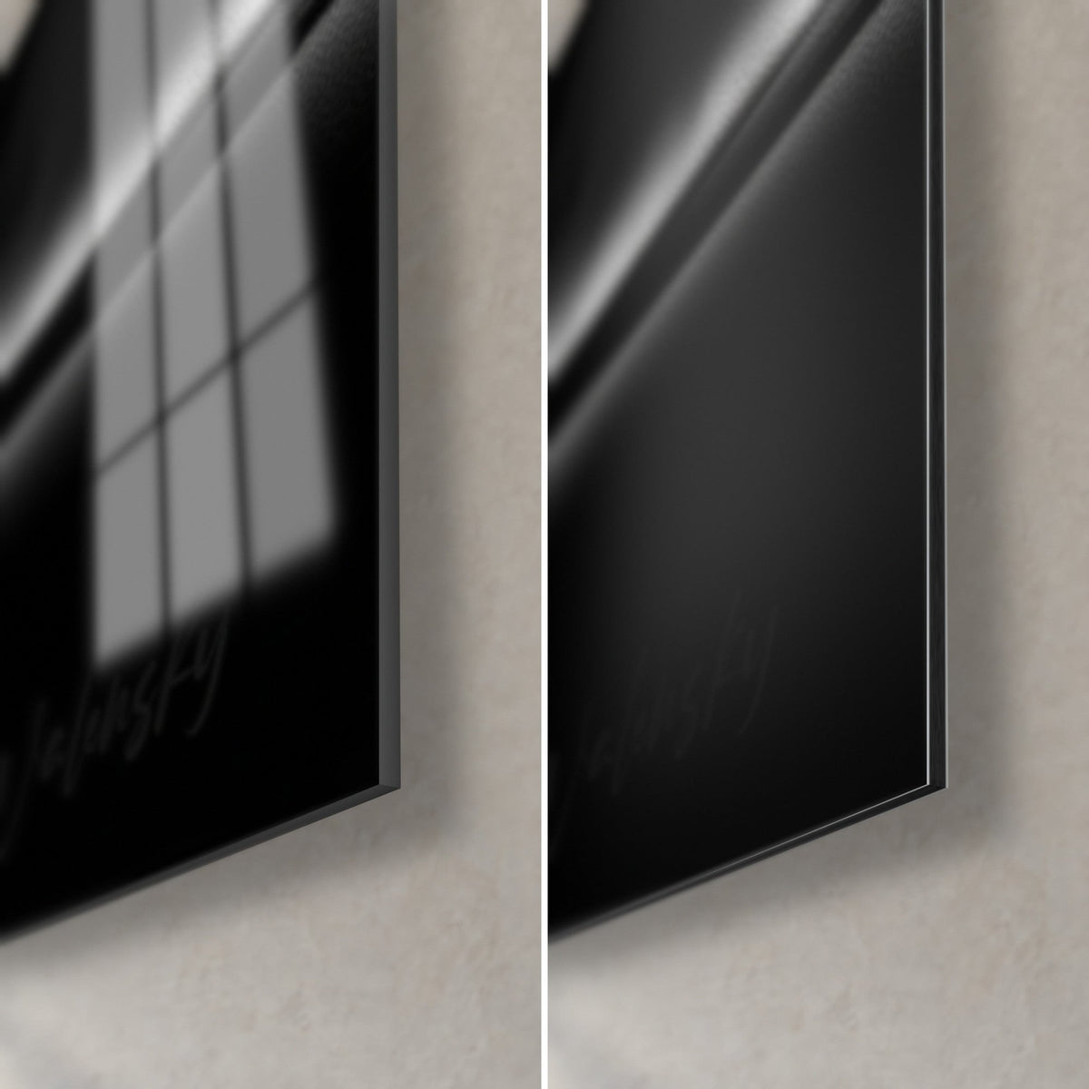 Wall art ebony four-wheeled vehicle, bottom right corner: glossy acrylic glass reflecting a window, matte black Dibond, 3 mm edge