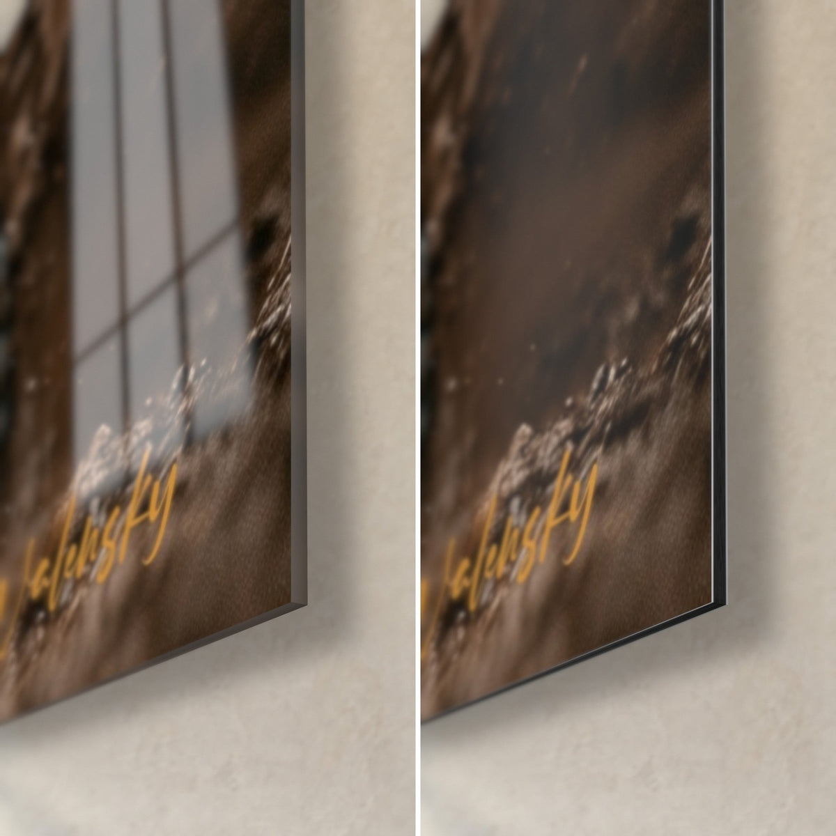 Wall art yellow quad bike splattered with brown mud, lower right corner: glossy acrylic glass on the left, matte Dibond on the right, 3 mm edge