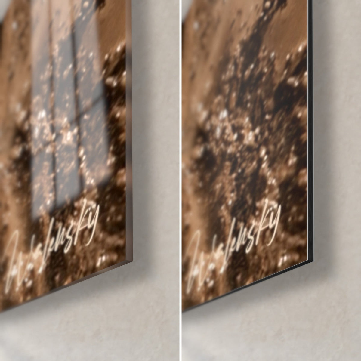 Wall art white off-road vehicle spraying brown mud, bottom right corner: glossy glass on the left, matte Dibond on the right