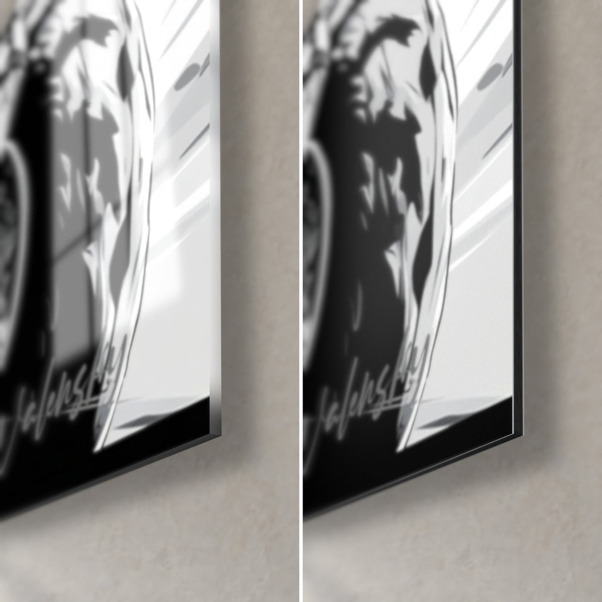 Wall art standing quad rider in glasses, bottom right corner: glossy glass on the left, matte Dibond aluminium on the right, 3 mm black edge