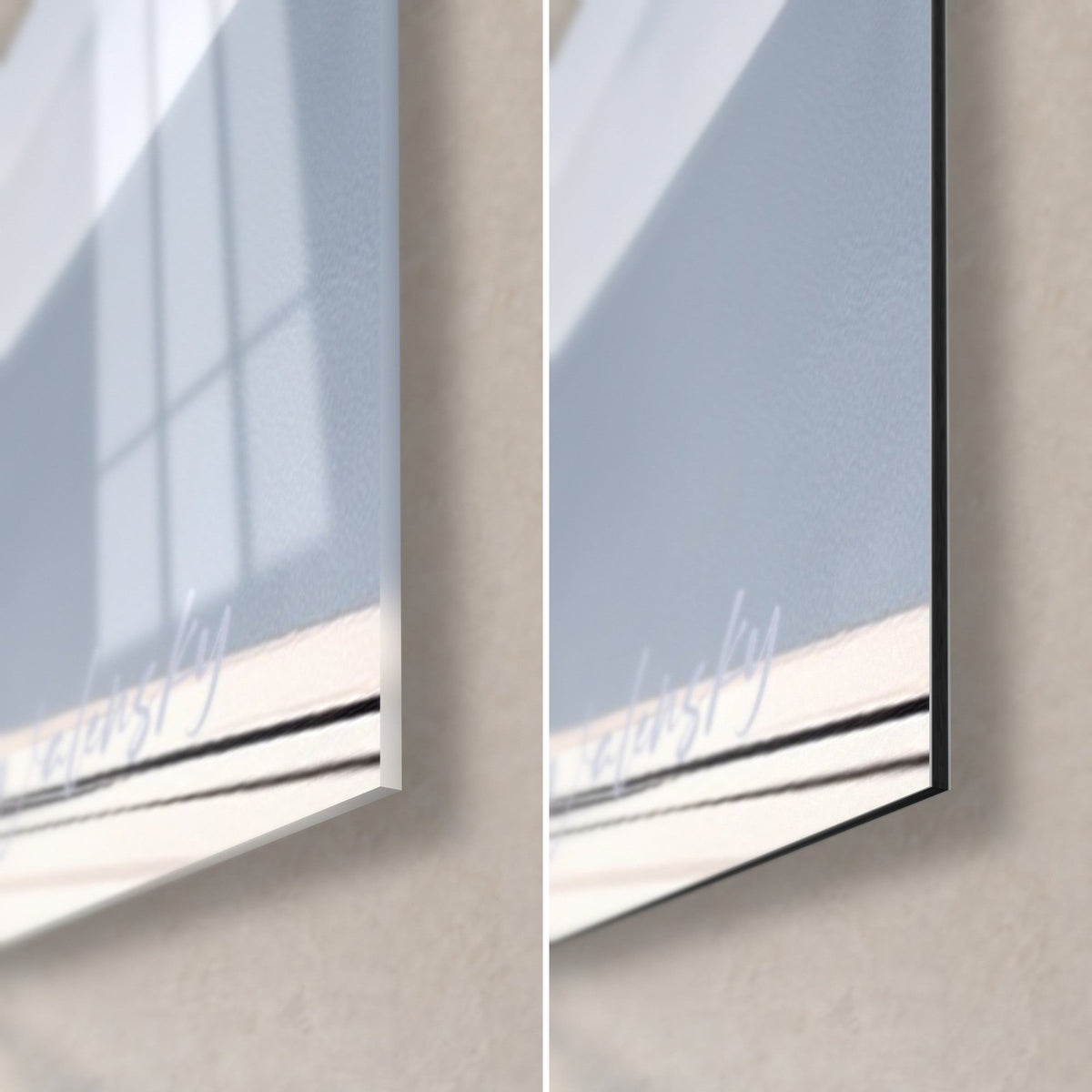 Wall art quad rider dressed in black, bottom right corner: glossy acrylic glass on the left, matte Dibond on the right, 3 mm black edge
