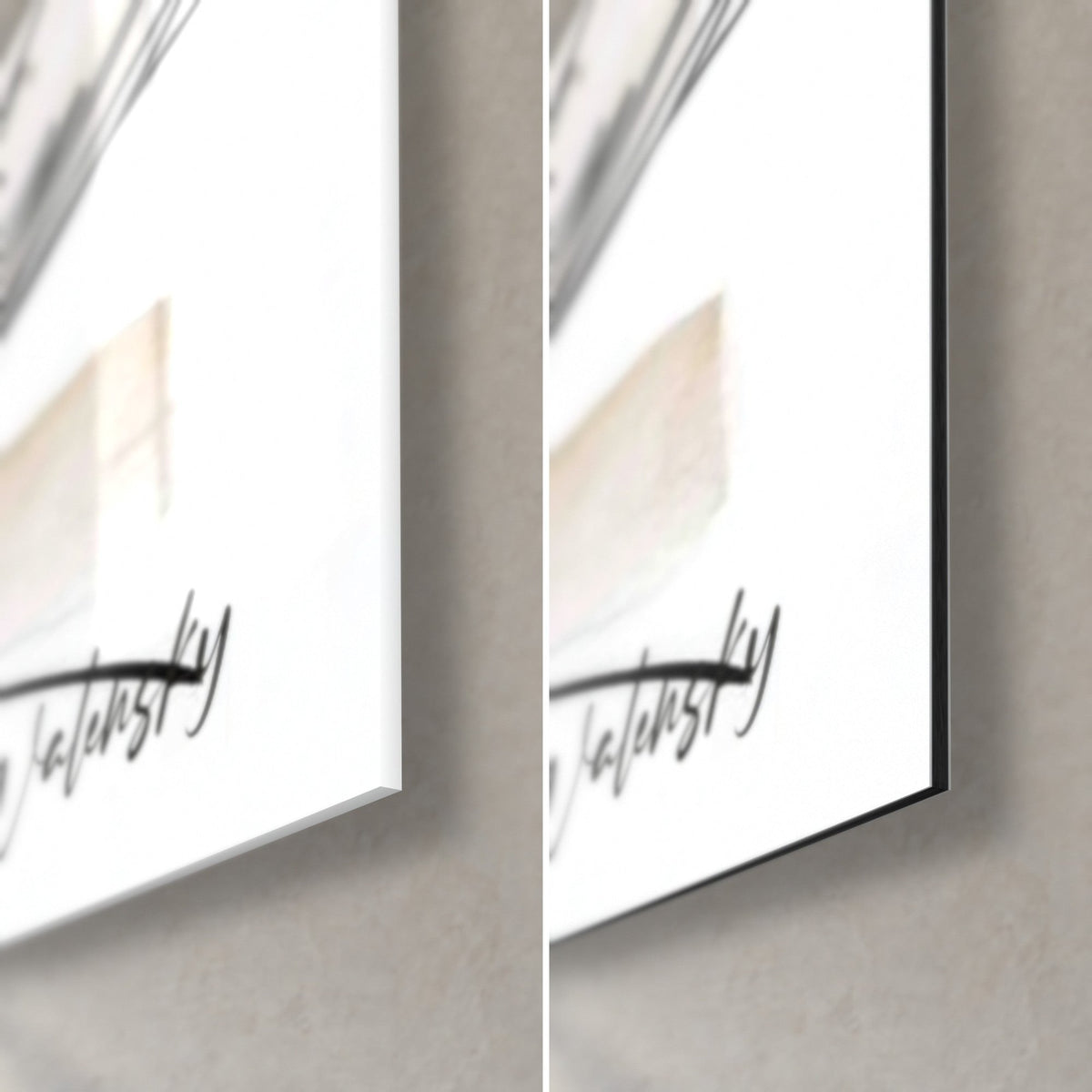Wall art of a pink and black quad bike, bottom right corner: glossy acrylic glass on the left, matte brushed Dibond aluminium on the right, 3 mm edge