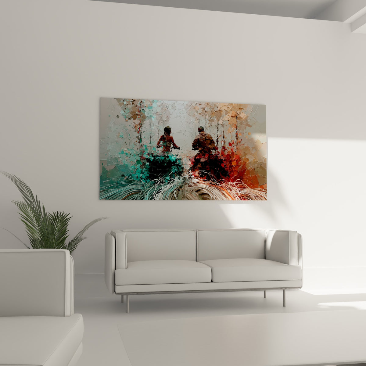 Course de quads en camaïeu turquoise et terracotta accrochée au-dessus d'un canapé dans un salon lumineux.