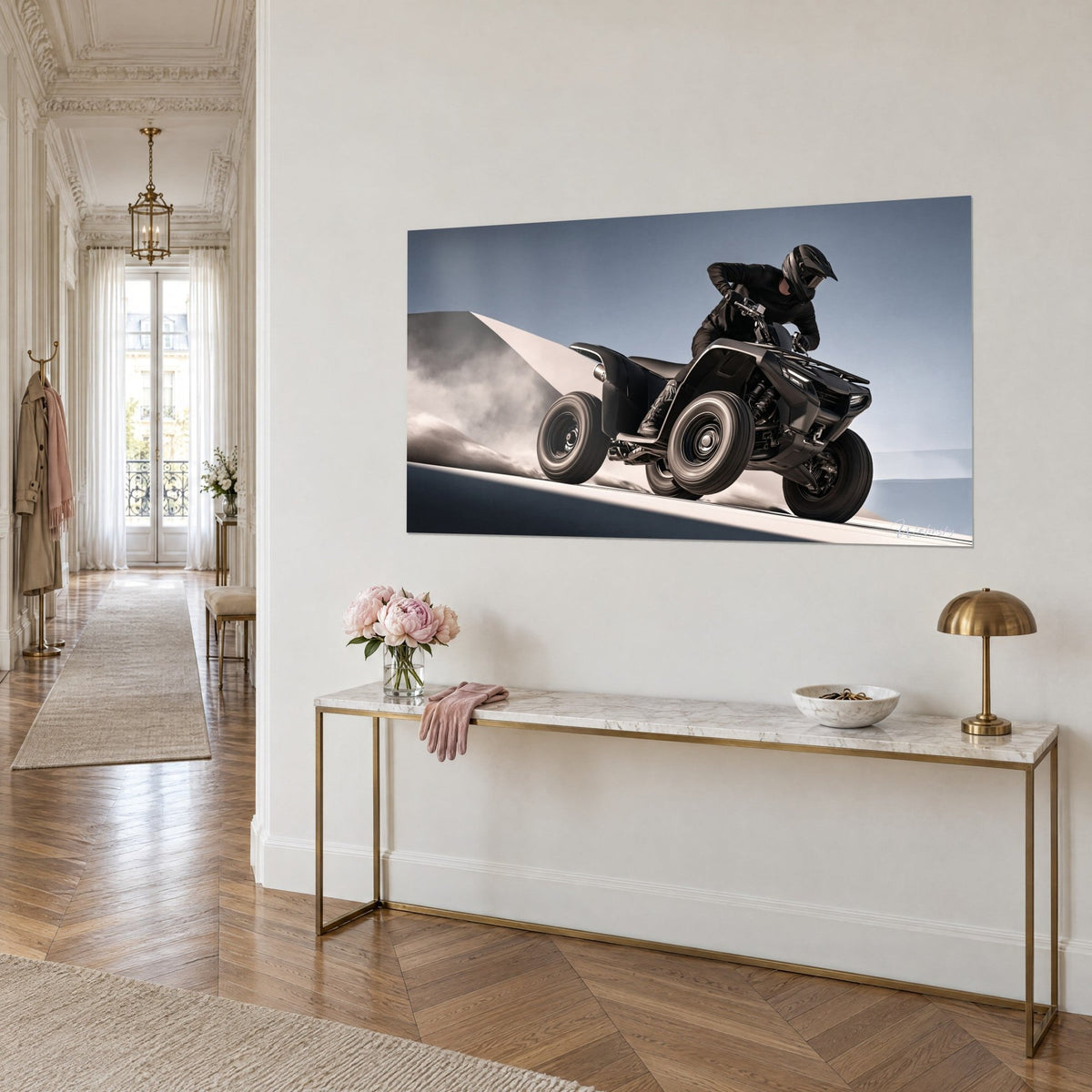 Wall art anthracite off-road vehicle crossing a cream sand ridge, grey cloud, pale blue sky, gilded console and peonies