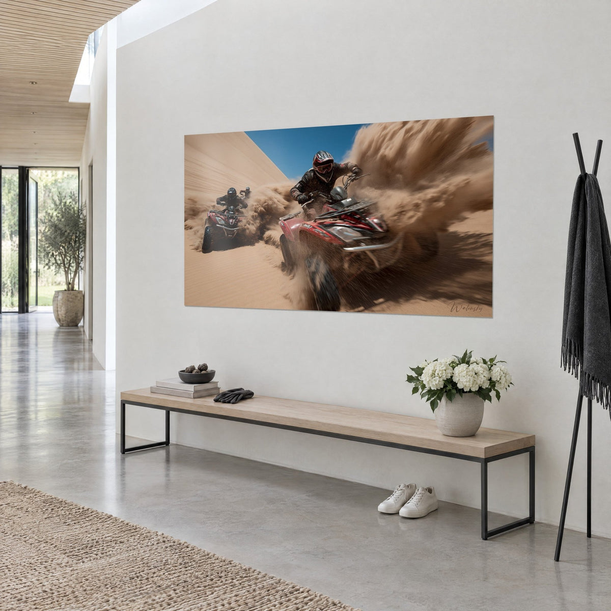 Wall art helmeted rider on his carmine machine, cloud of ochre sand and azure sky, hung beside a wooden bench, three-quarter view