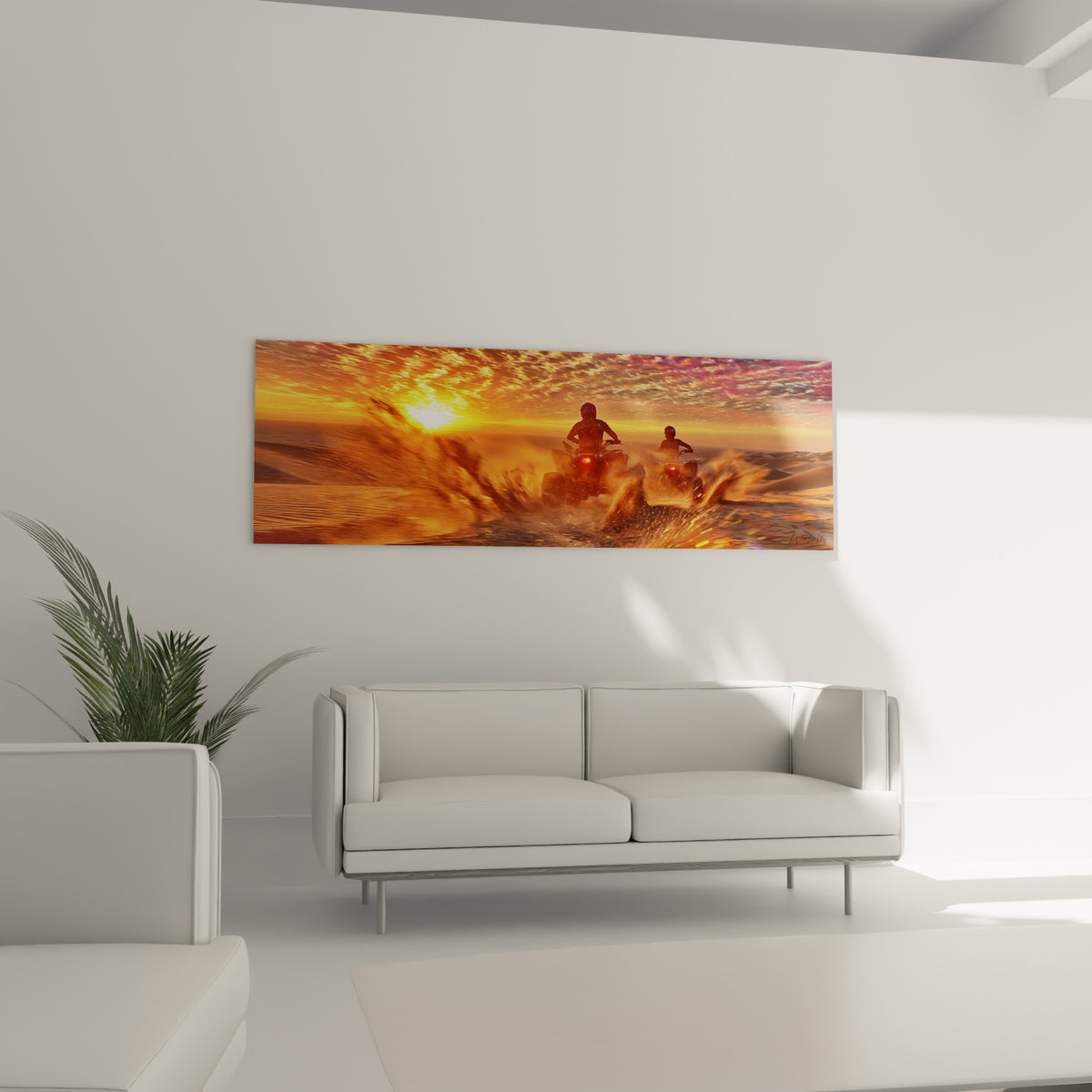 Course de quads dans une flaque scintillante orange et fuchsia, au-dessus d'un canapé dans un salon lumineux