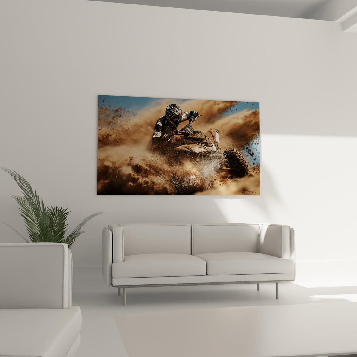 Course de quad éclaboussant la boue ocre et bleue, au-dessus d'un canapé dans un salon lumineux