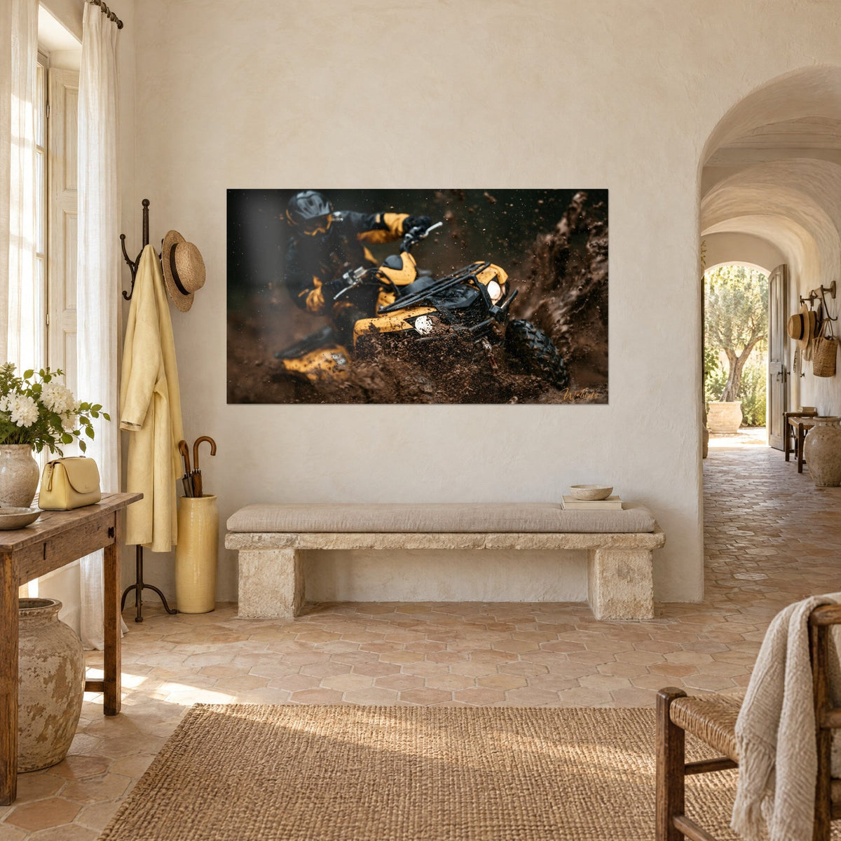 Wall art sulphur-yellow off-road vehicle rearing up through brown mud splashes, rider leaning into the bend, rendered wall of a farmhouse
