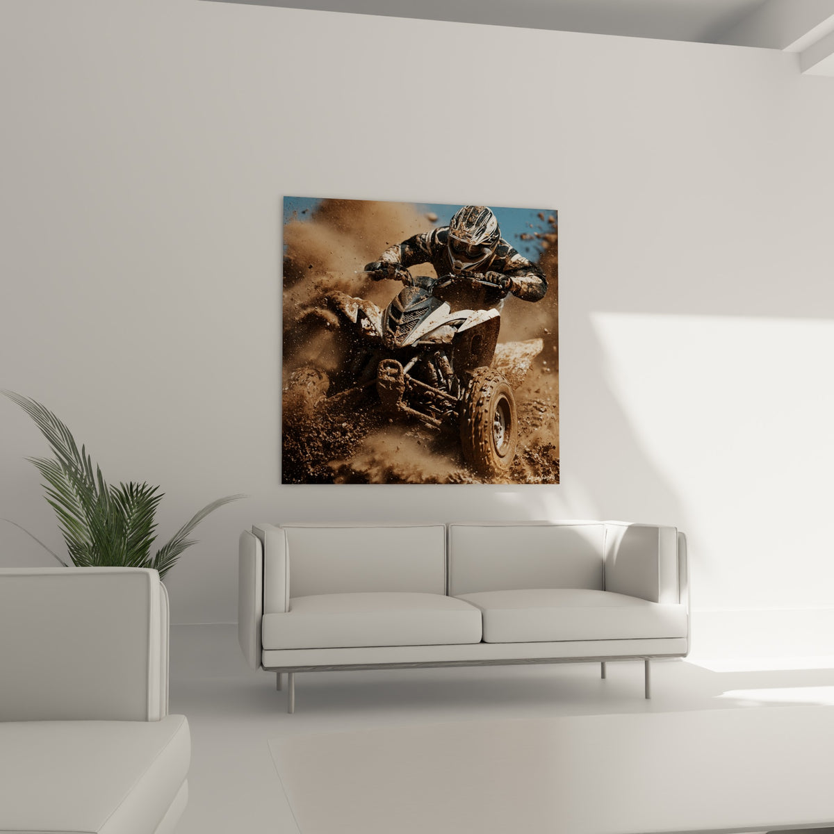 Course de quad dans la boue marron et blanche, scène intense au-dessus d'un canapé dans un salon lumineux
