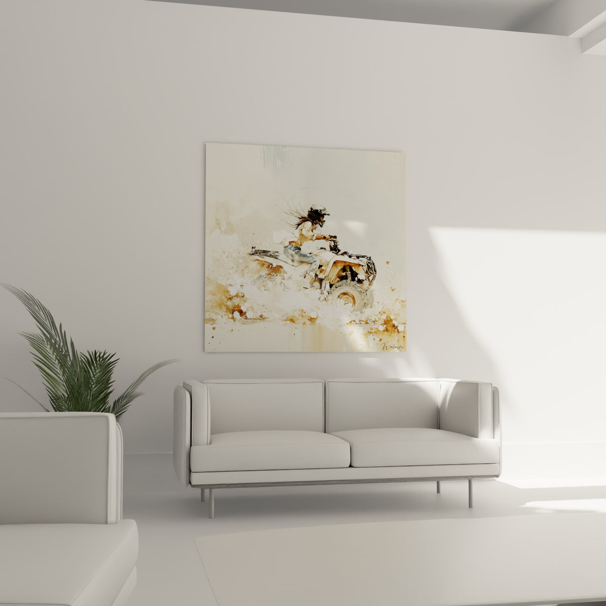 Quad beige projetant des éclats de poussière anthracite, au-dessus d'un canapé dans un salon lumineux