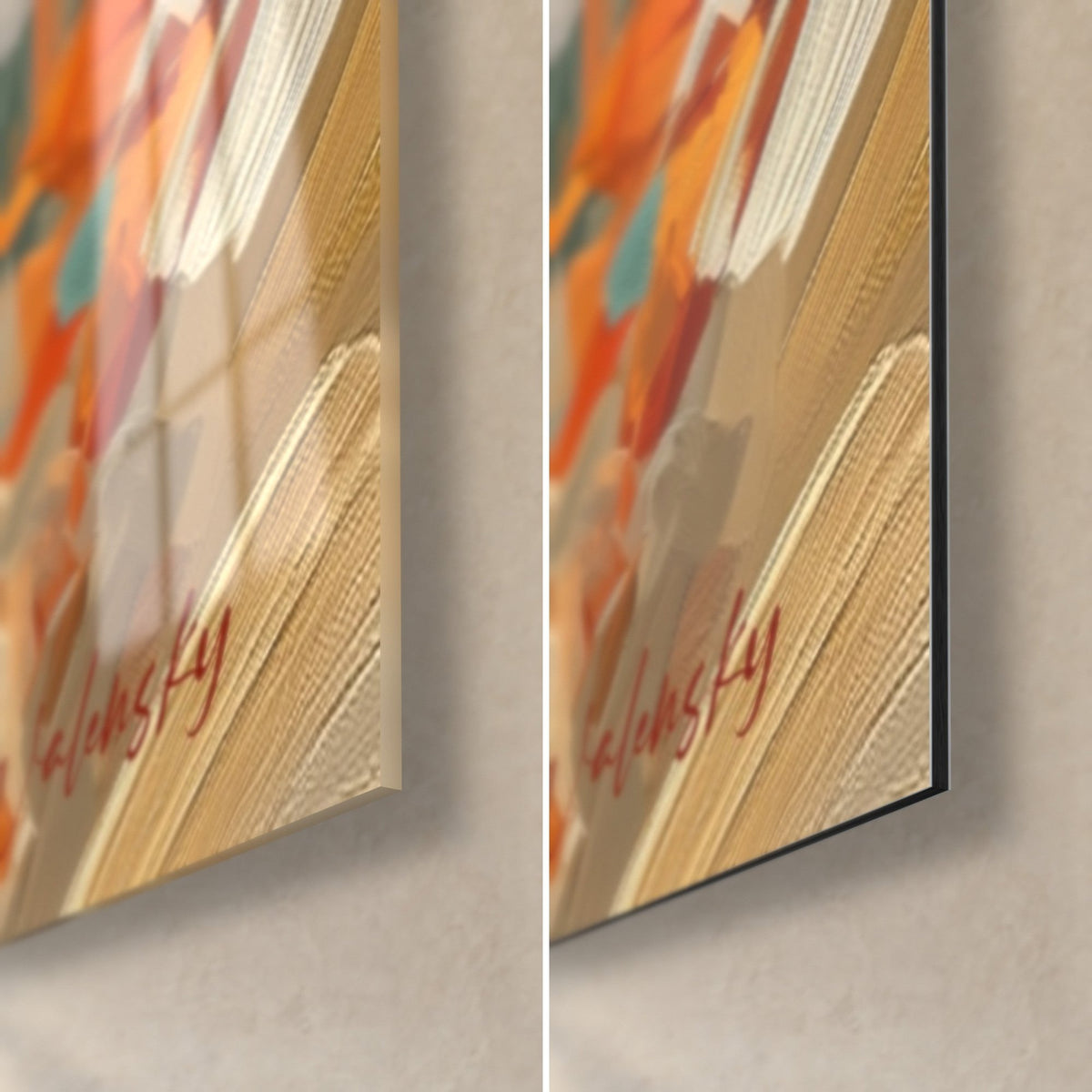 Wall art of a quad rider and white skull, bottom right corner: red signature over beige brushstrokes, glossy glass and matte black Dibond