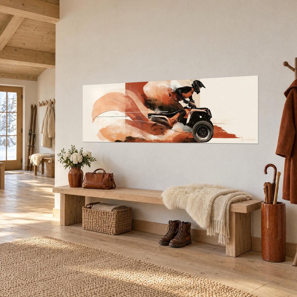 Tableau pilote casqué cabré sur son engin, traînées orange brûlé et crème, accroché dans une entrée en bois de chalet