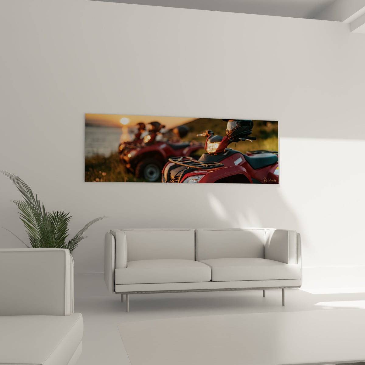 Wall art of crimson quad bikes resting on green grass, golden evening light, three-quarter view in a white vaulted living room