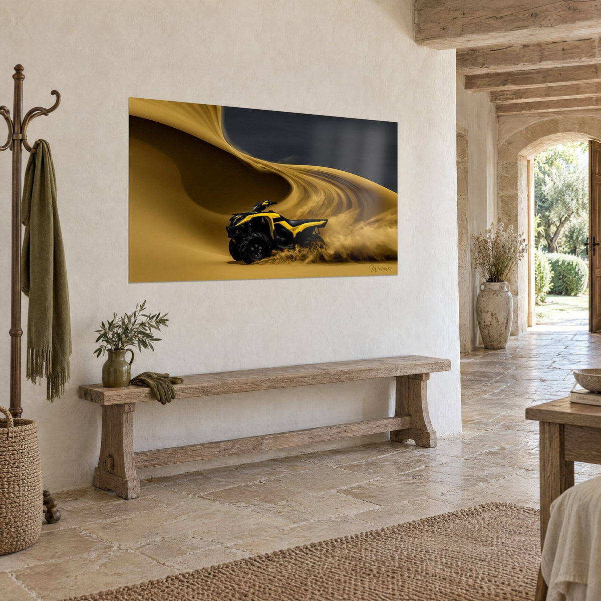 Wall art: Black and yellow off-road vehicle launched over a wave of golden sand, charcoal sky, on a stone wall, three-quarter view
